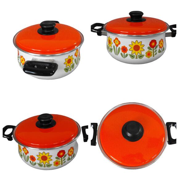 Retro Floral Enamel Cook Pot with Lid – Red/Yellow Flowers 2-Qt - Picture 3 of 12